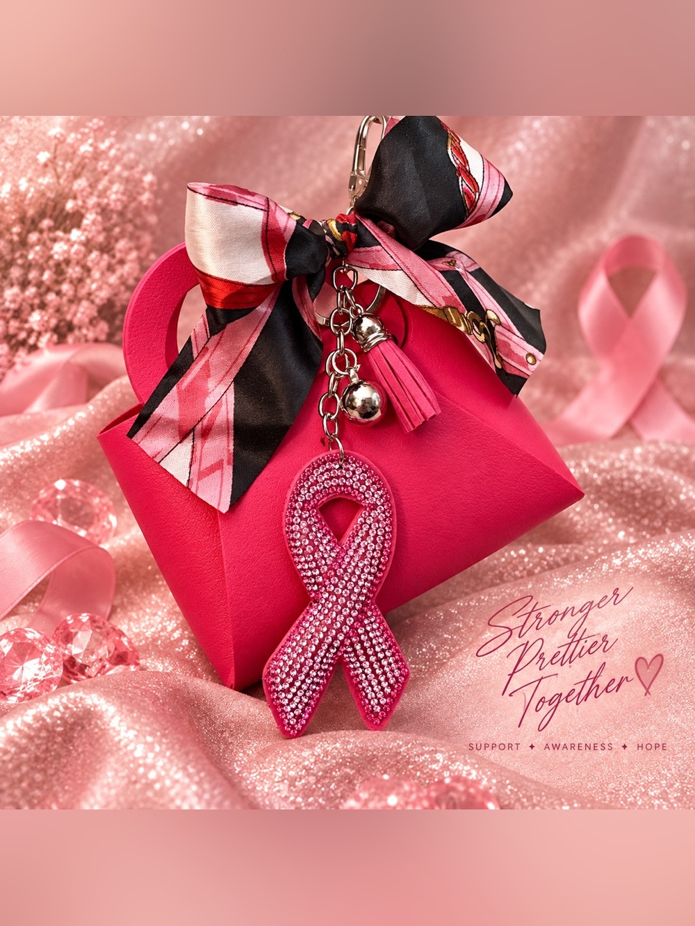 Pink Mini Bag w/Scarf and Rhinestone Breast Cancer Awareness Ribbon Charm